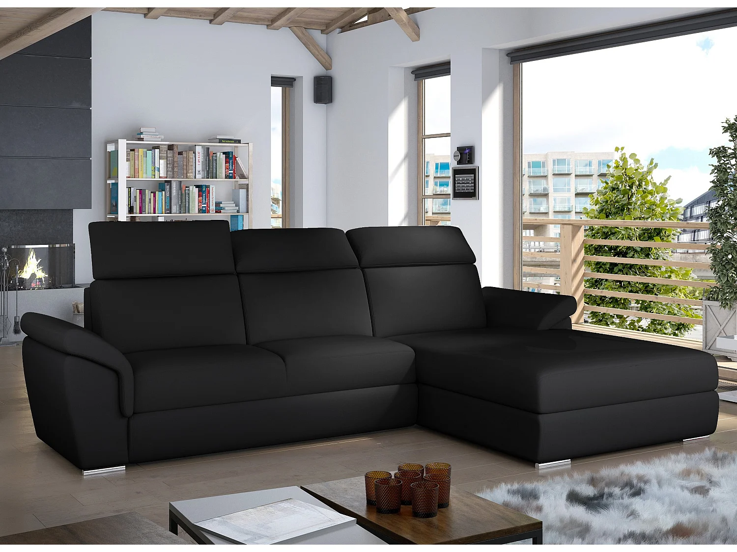 Canapé convertible d'angle droit simili cuir noir Suzy 272cm