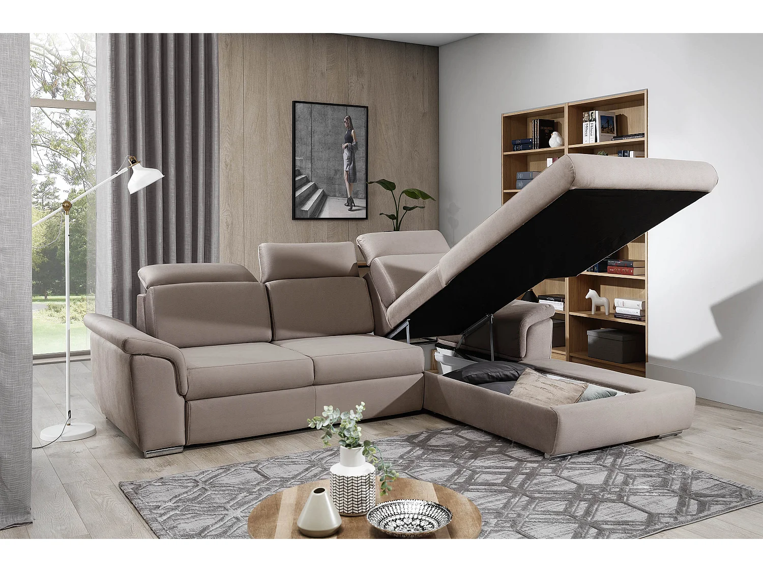 Canapé convertible d'angle droit simili cuir noir Suzy 272cm