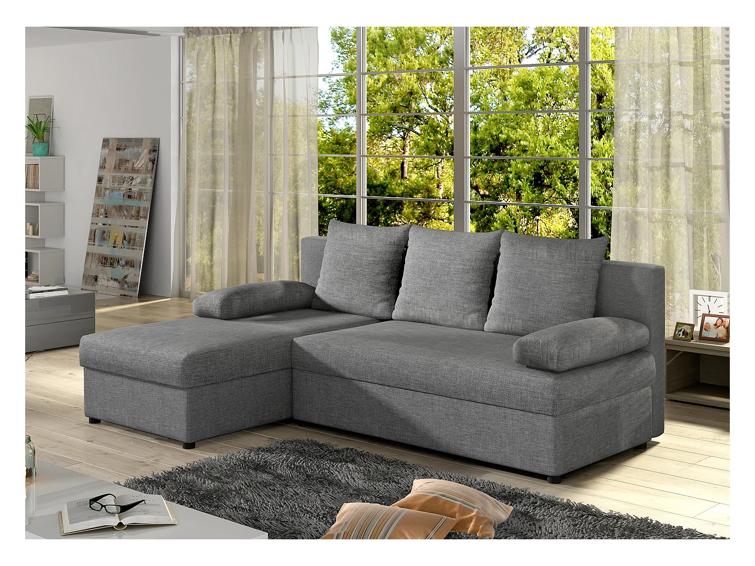 Canapé convertible angle réversible tissu gris chiné Gary 206cm