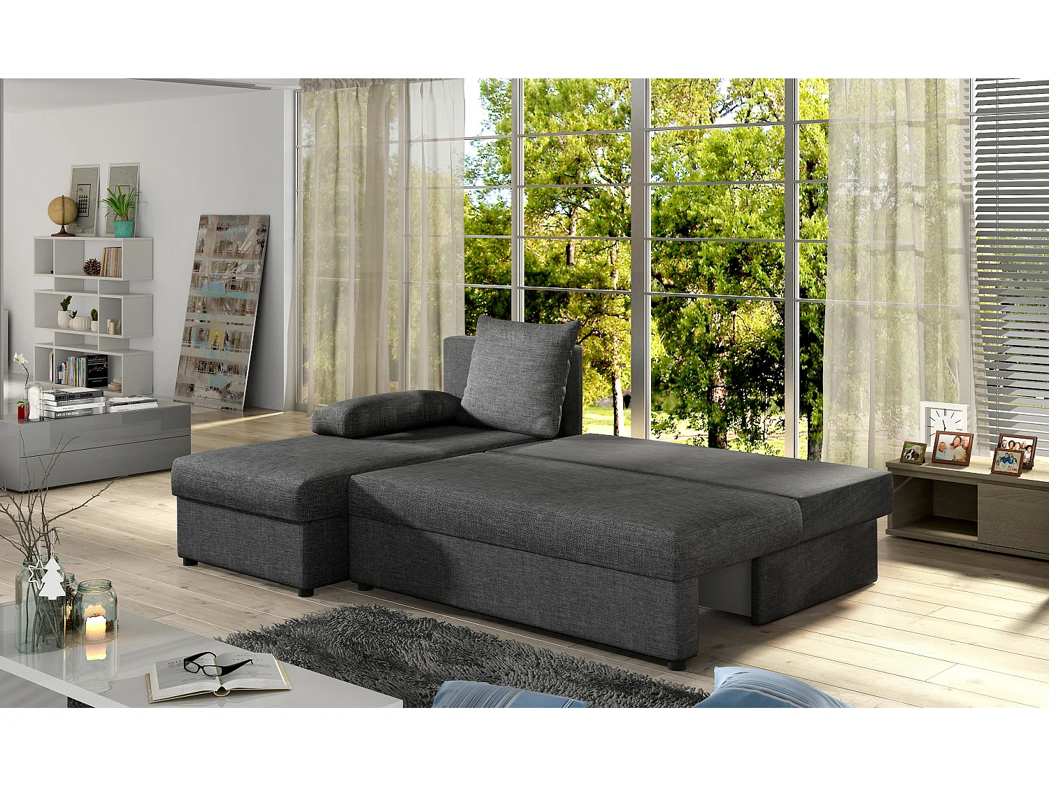 Canapé convertible angle réversible tissu gris chiné Gary 206cm