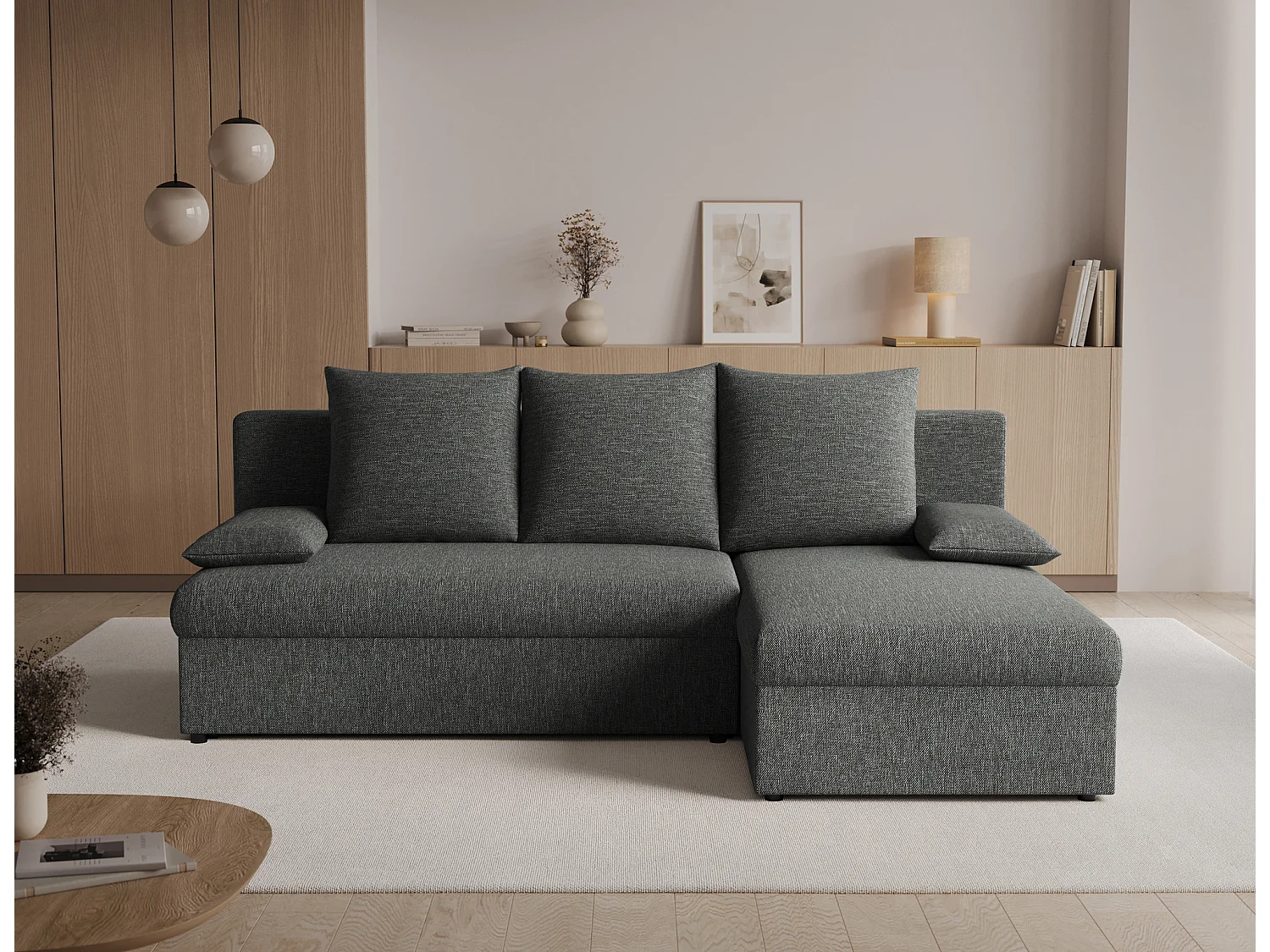 Canapé d’angle réversible convertible GARY en tissu côtelé – 206cm-Gris chiné