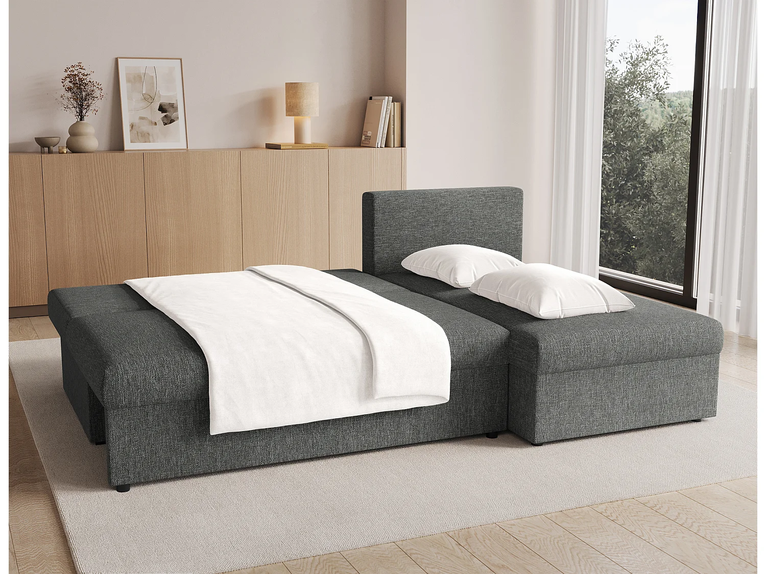 Canapé d’angle réversible convertible GARY en tissu côtelé – 206cm-Gris chiné