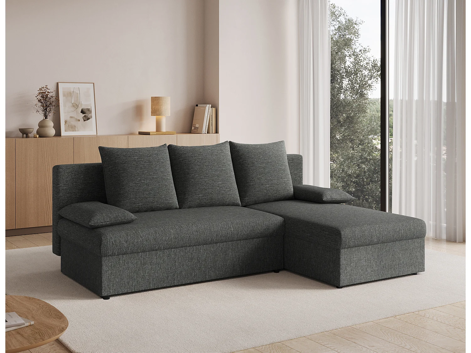 Canapé d’angle réversible convertible GARY en tissu côtelé – 206cm-Gris chiné