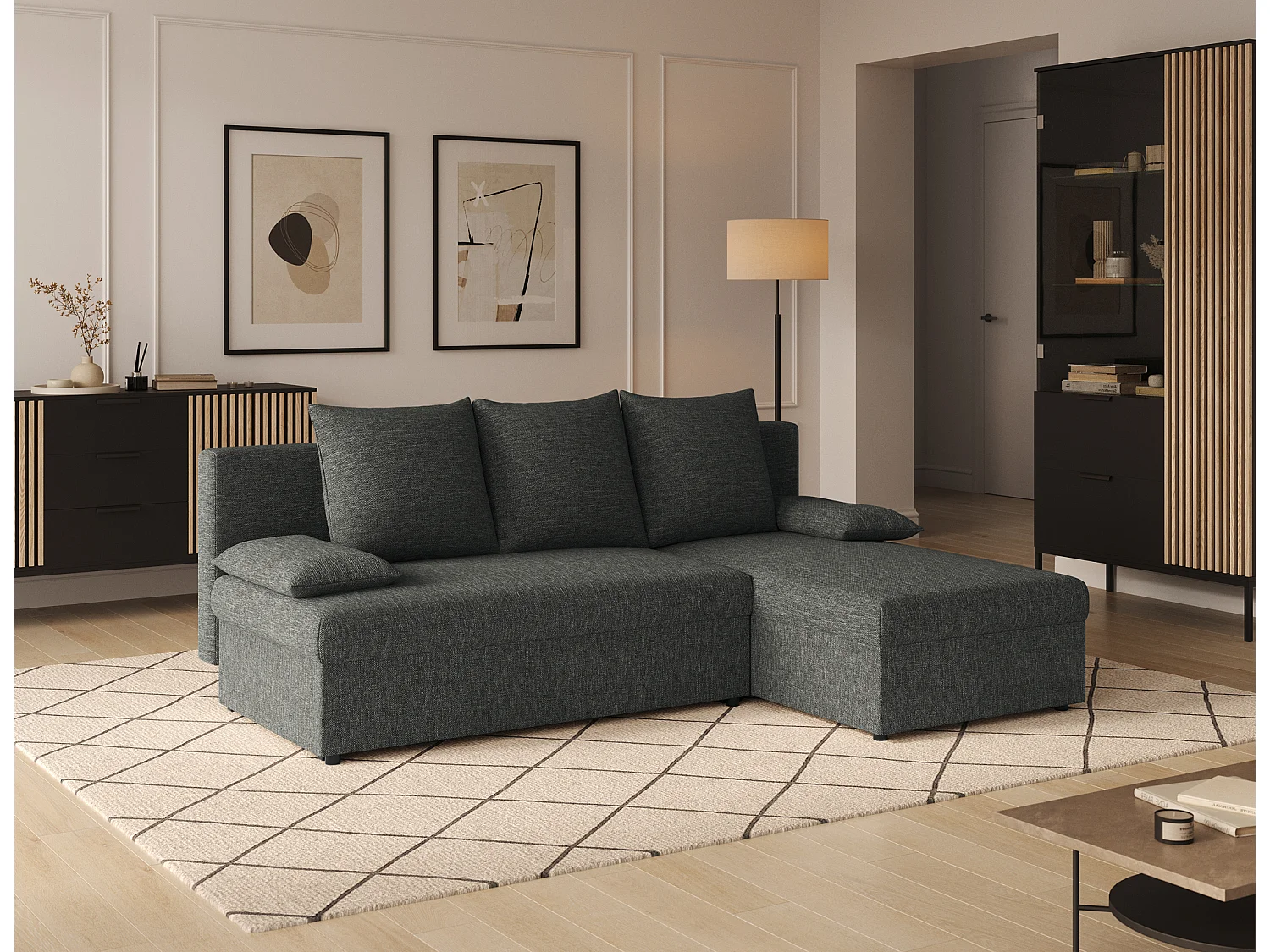 Canapé d’angle réversible convertible GARY en tissu côtelé – 206cm-Gris chiné
