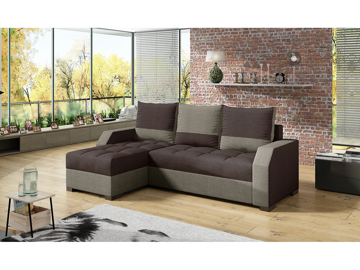 Zarky omkeerbare design hoekbank in lichtbruine en donkerbruine stof, 250 cm