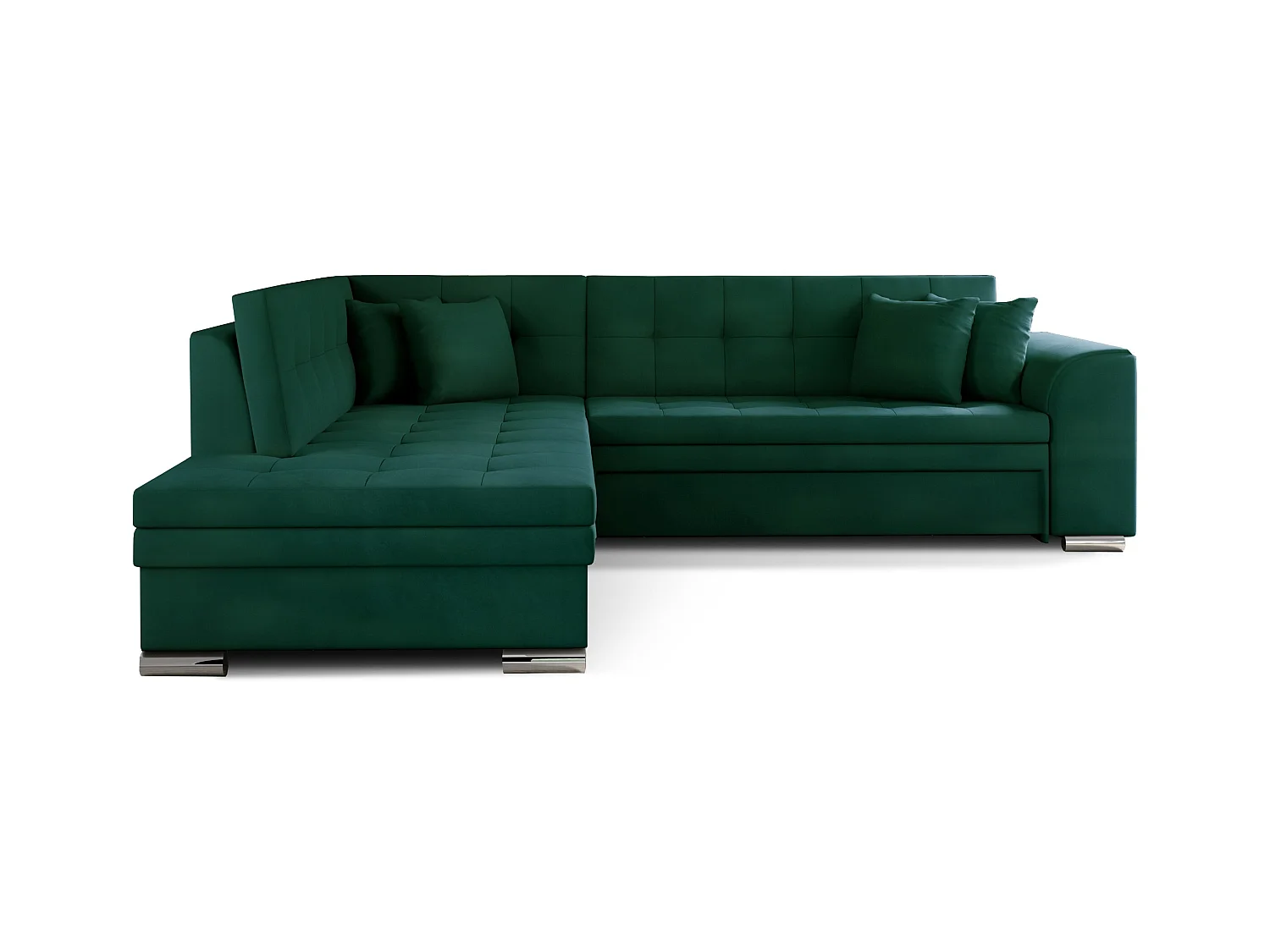 Canapé convertible angle gauche velours vert foncé et chromé Pika 260cm