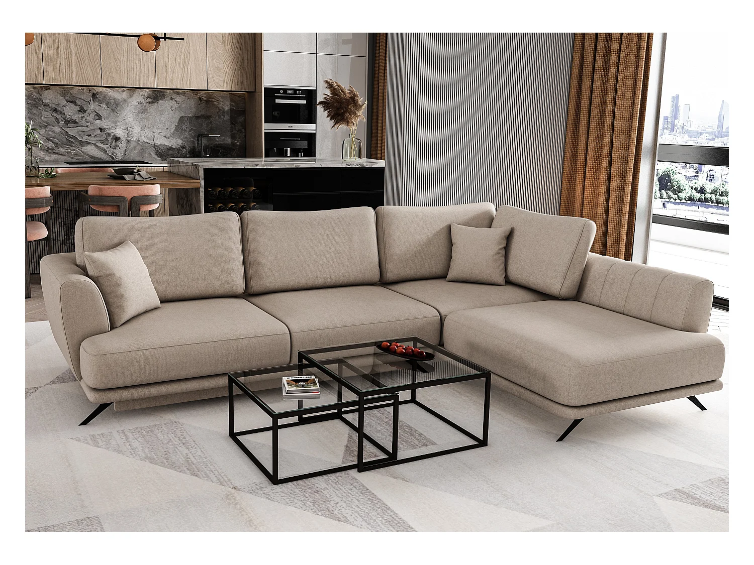 Canapé convertible angle droit tissu beige Savary 280cm