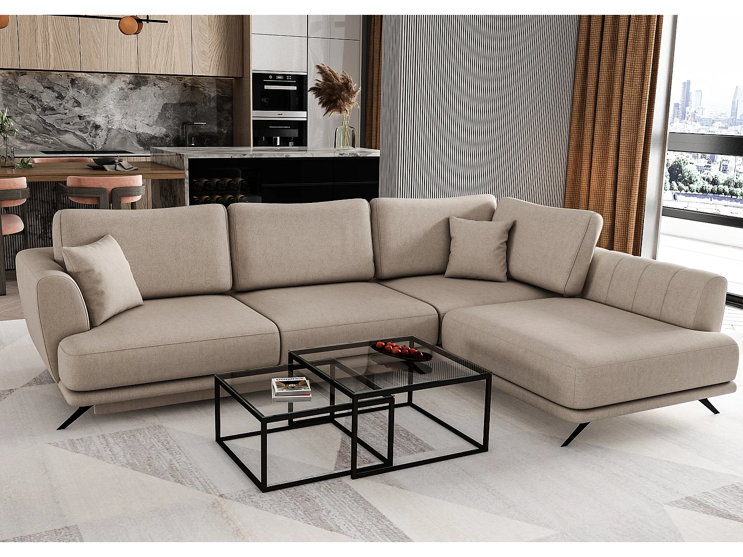 Canapé convertible angle droit tissu beige Savary 280cm