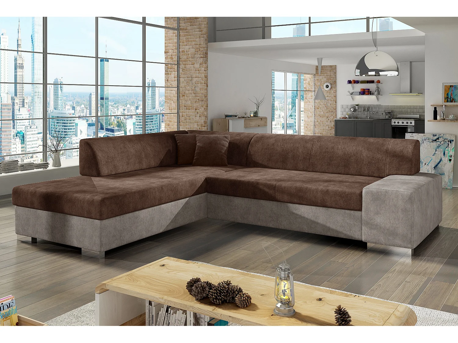 Moderne slaapbank linkerhoek zacht grijs en bruin stof Plazo 278 cm