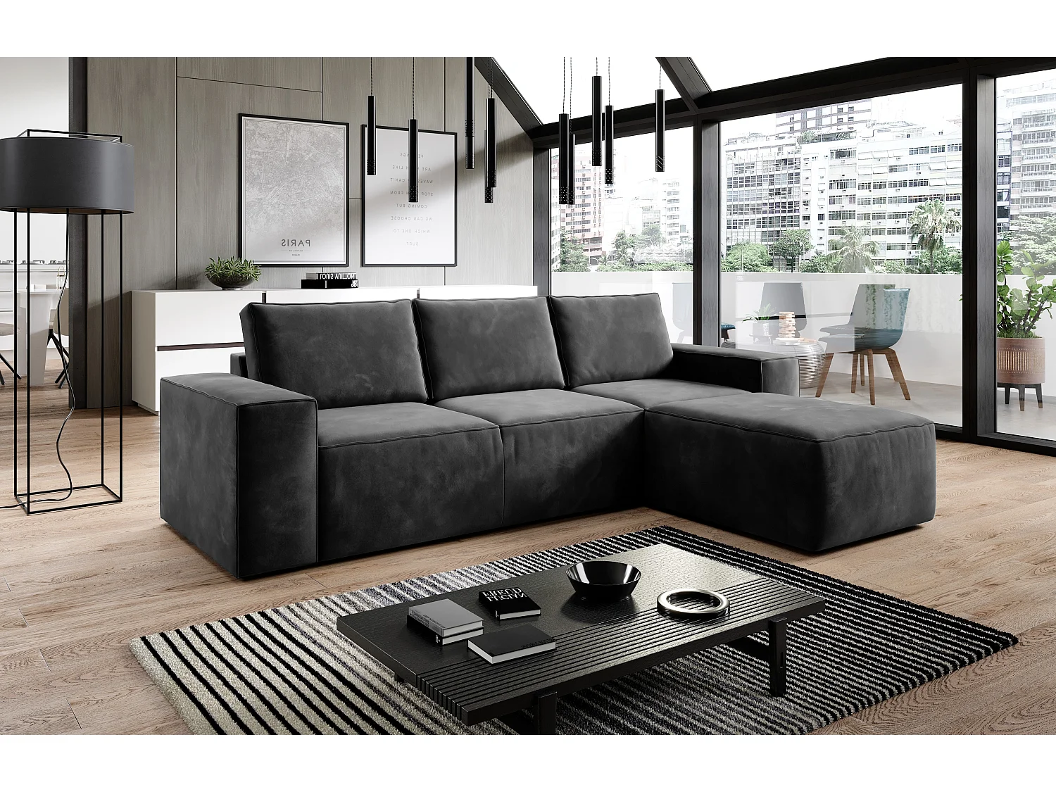 Willace moderne converteerbare hoekbank rechts antraciet stof 302 cm