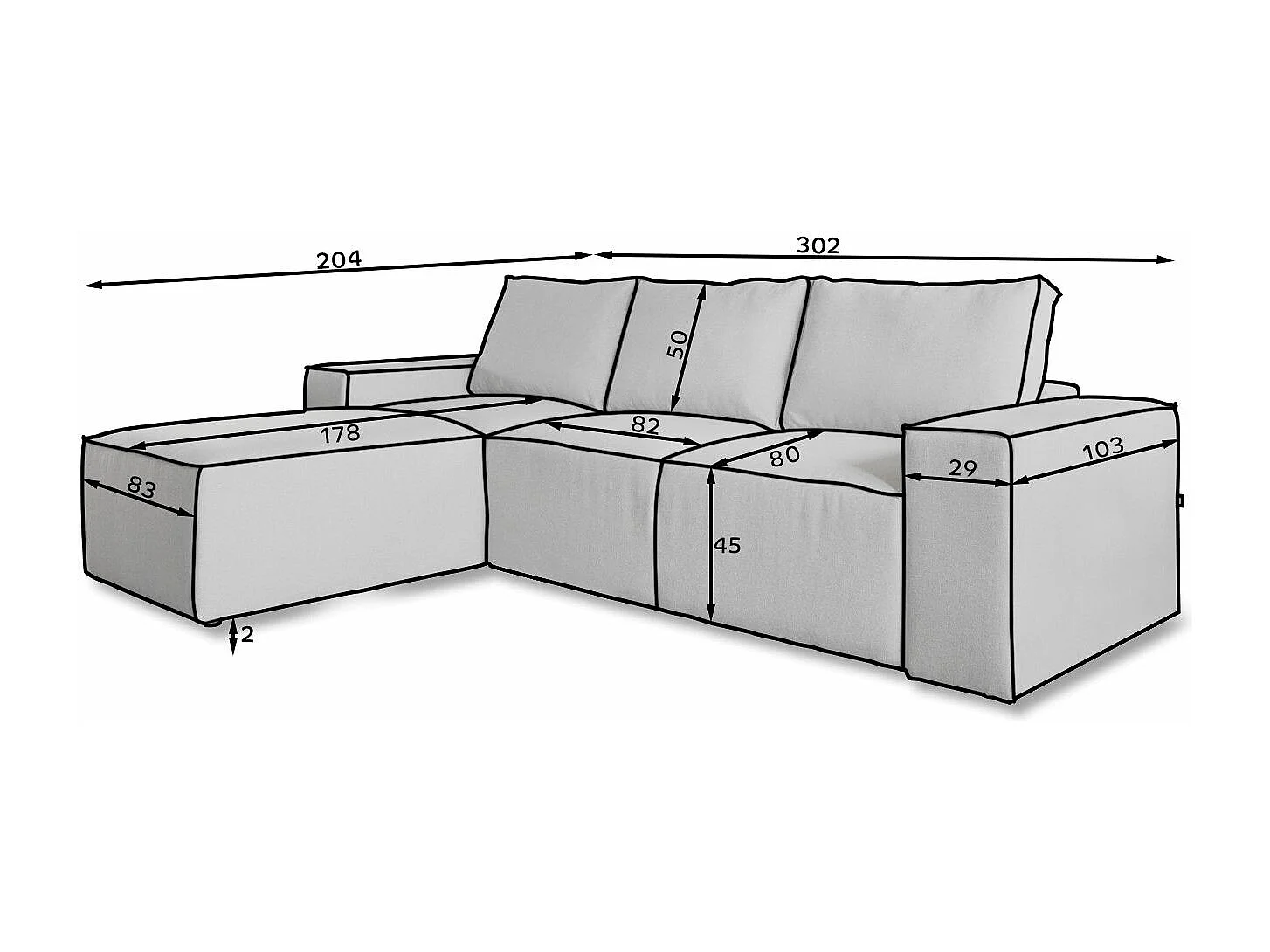 Willace moderne converteerbare hoekbank rechts antraciet stof 302 cm