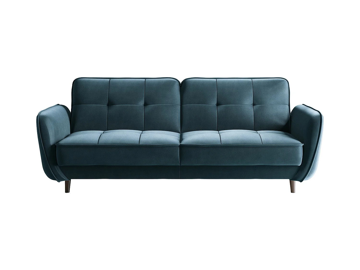Canapé convertible 3 places velours bleu capitonné et pieds bois noir Bizza 220cm