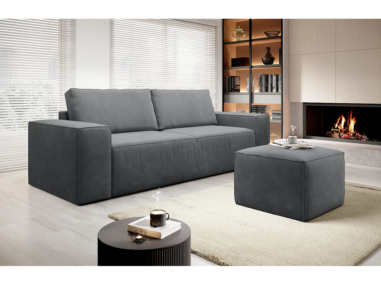 Grand canapé convertible en velours WILACE - Confort moderne et élégant-Gris foncé