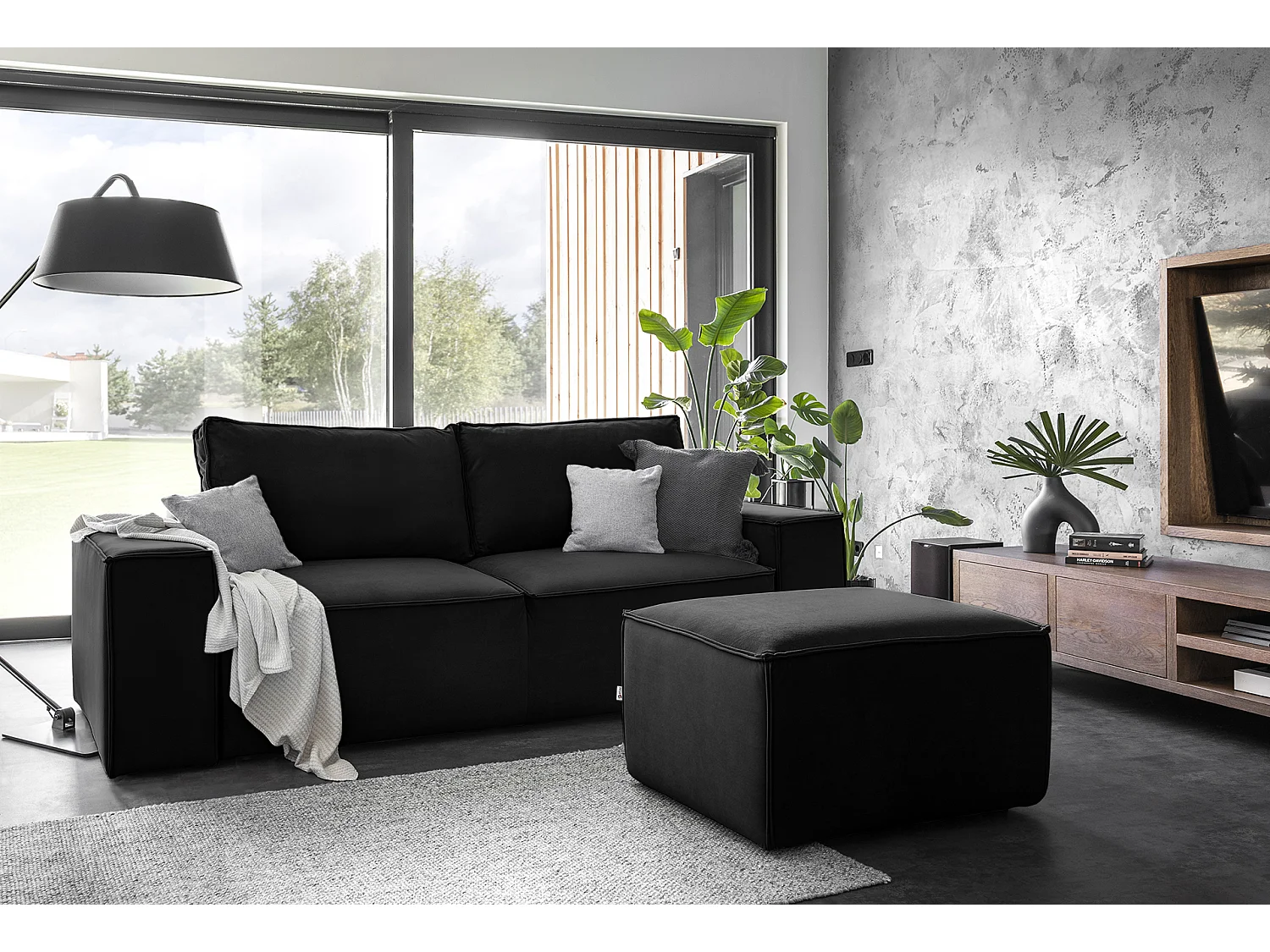 Grand canapé convertible en velours WILACE - Confort moderne et élégant-Noir