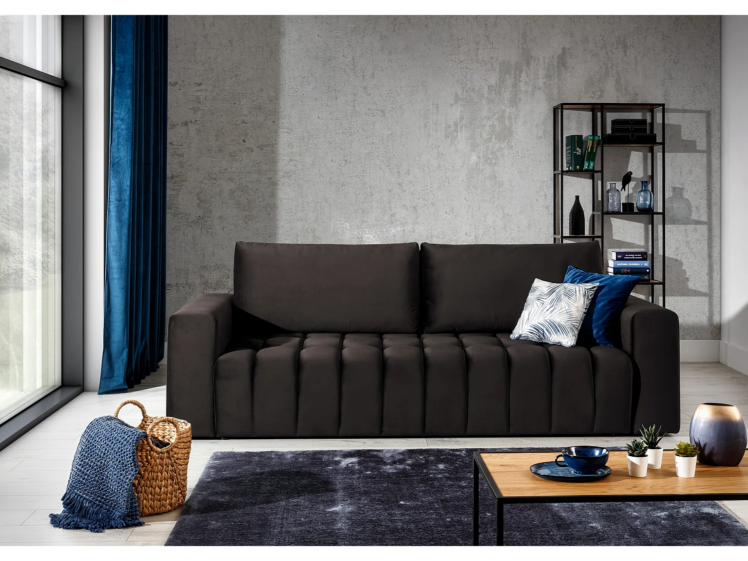 Canapé convertible 3 places velours marron avec coffre de rangement Larko 245cm