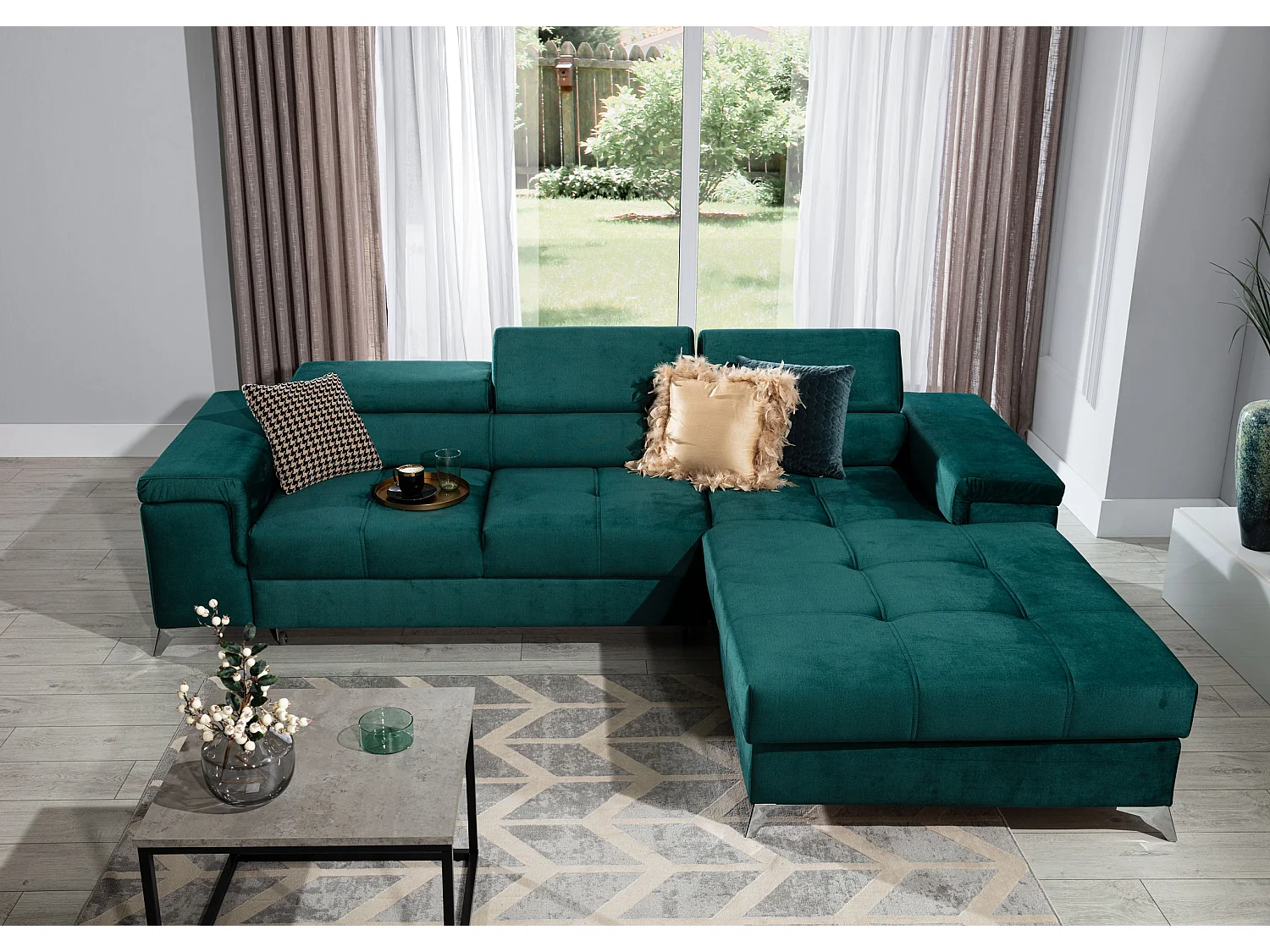 Canapé angle droit convertible velours vert foncé avec appuis-tête réglables Rikaro 280cm