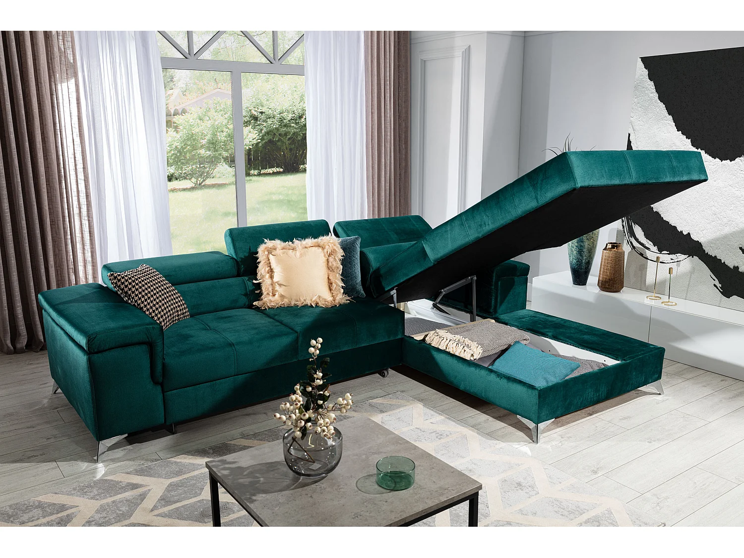 Canapé angle droit convertible velours vert foncé avec appuis-tête réglables Rikaro 280cm