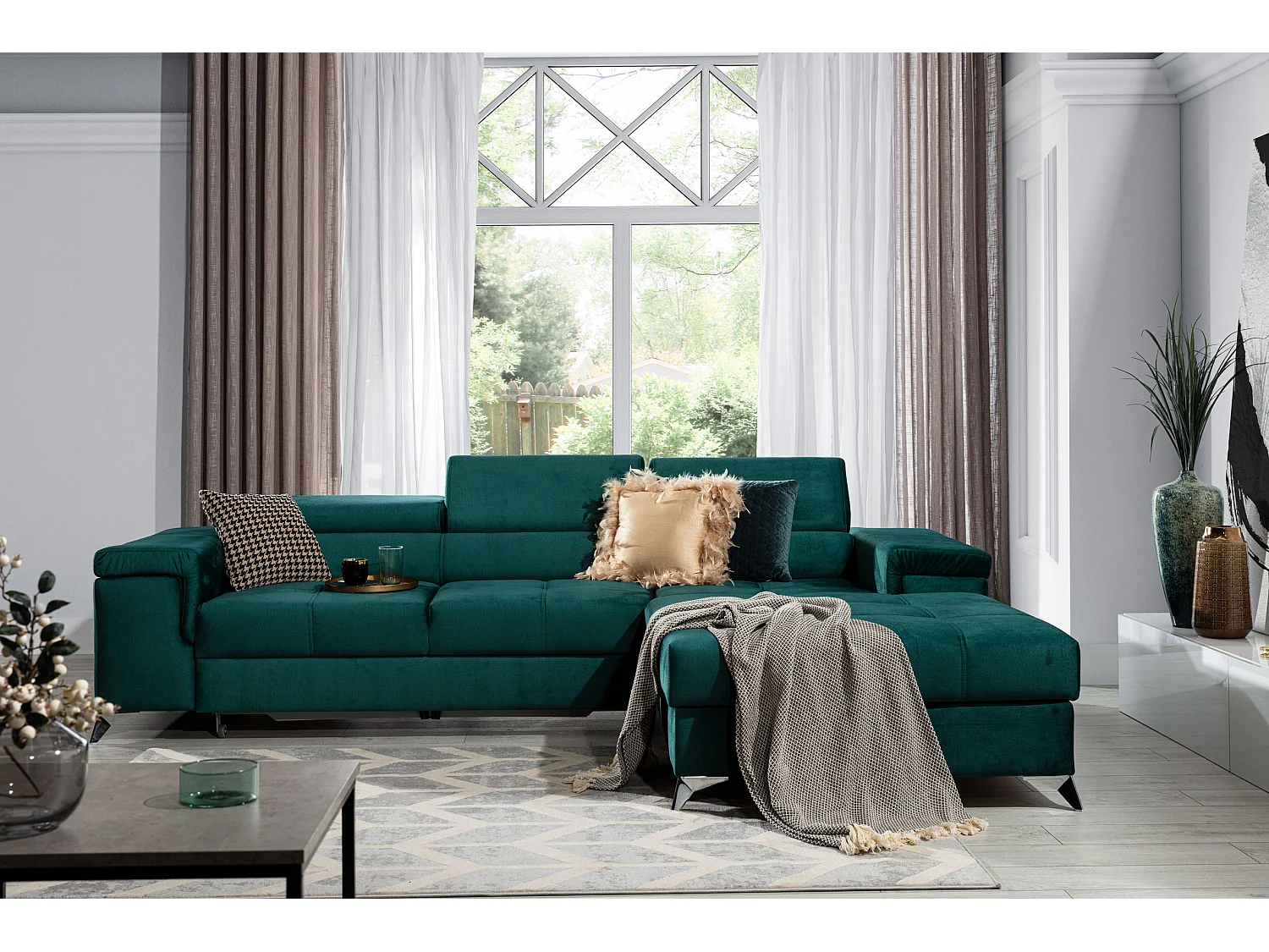 Canapé angle droit convertible velours vert foncé avec appuis-tête réglables Rikaro 280cm