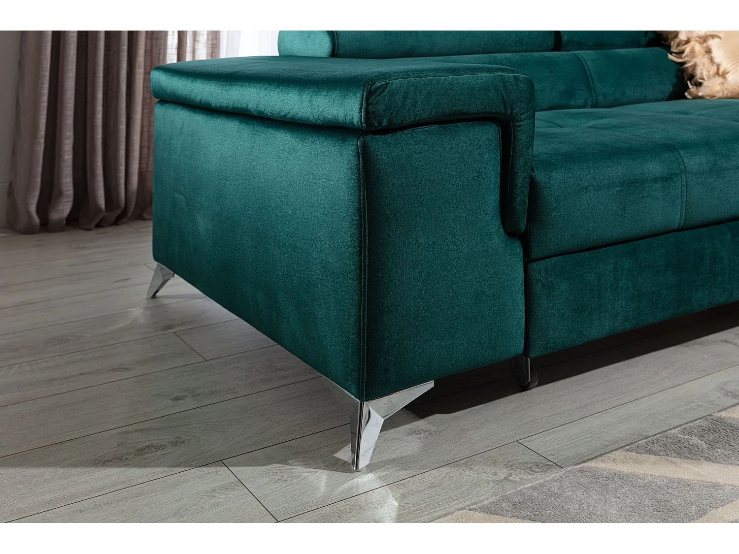 Canapé angle droit convertible velours vert foncé avec appuis-tête réglables Rikaro 280cm