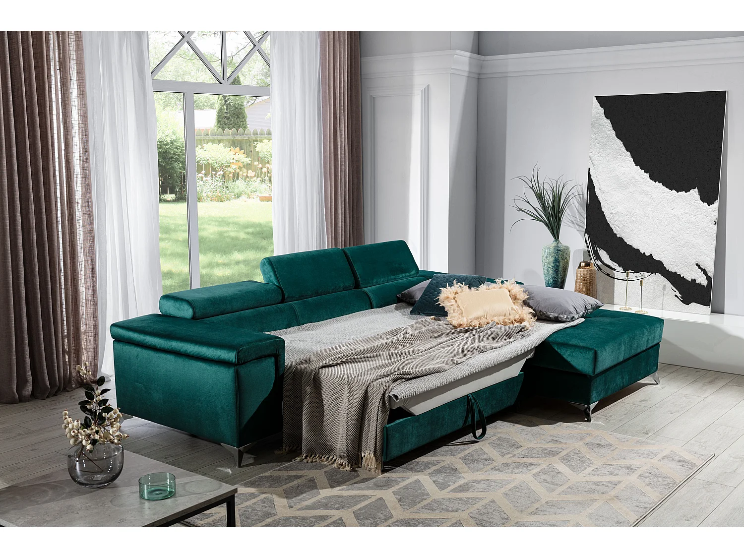 Sofá esquinero convertible RIKARO de terciopelo con reposacabezas ajustables - Base y patas de acero cromado-Verde oscuro-Ángulos rectos