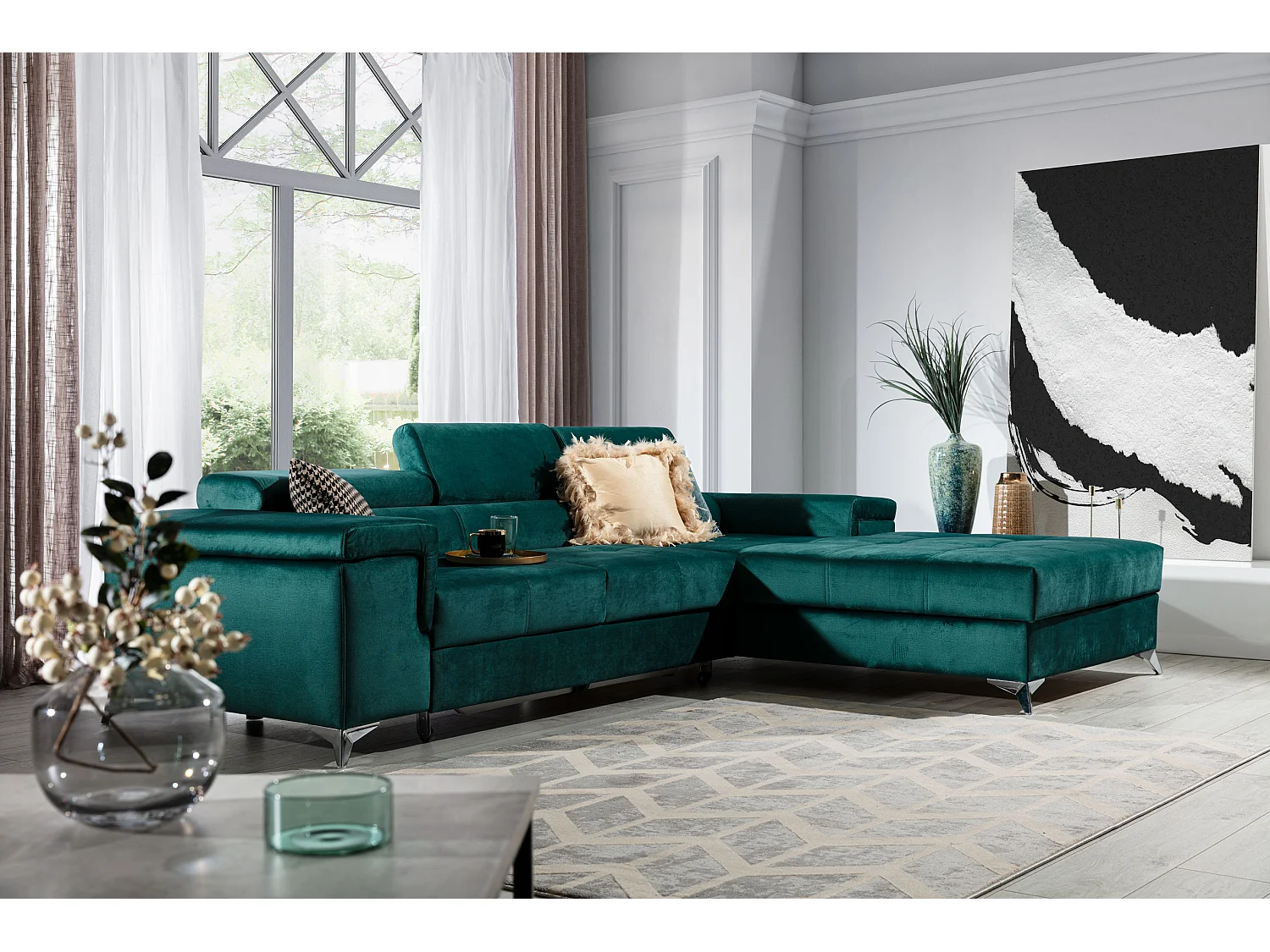 Sofá esquinero convertible RIKARO de terciopelo con reposacabezas ajustables - Base y patas de acero cromado-Verde oscuro-Ángulos rectos