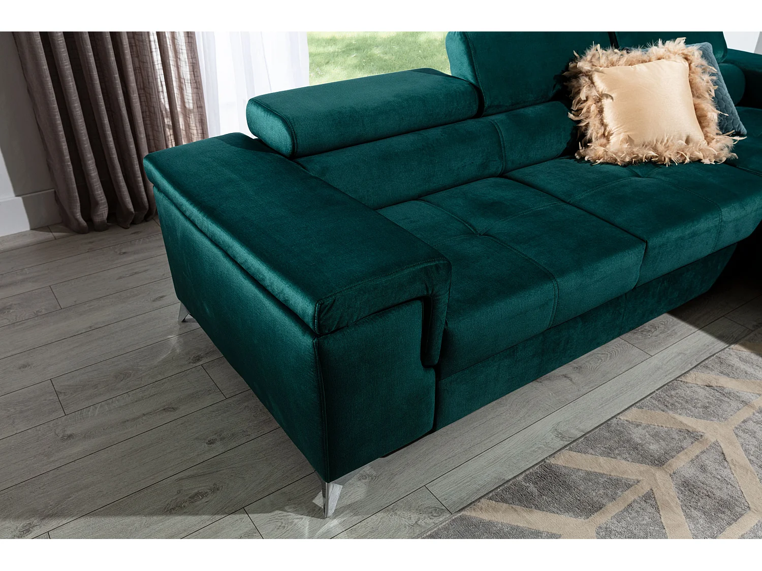 Sofá esquinero convertible RIKARO de terciopelo con reposacabezas ajustables - Base y patas de acero cromado-Verde oscuro-Ángulos rectos