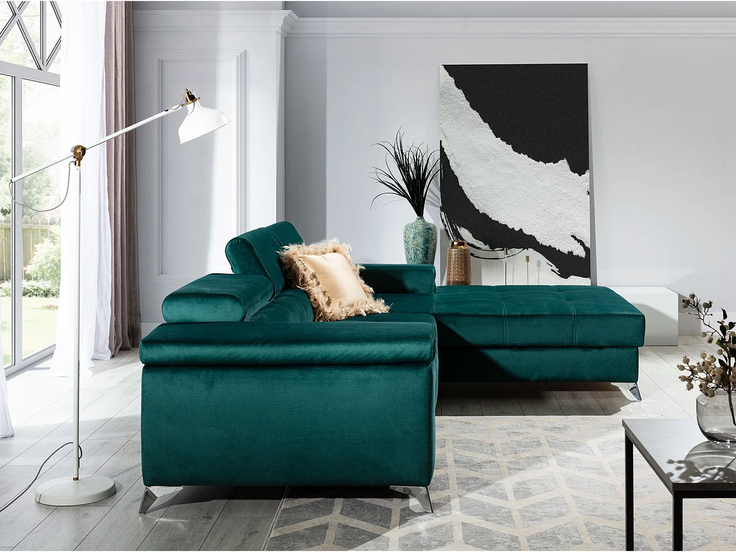 Sofá esquinero convertible RIKARO de terciopelo con reposacabezas ajustables - Base y patas de acero cromado-Verde oscuro-Ángulos rectos