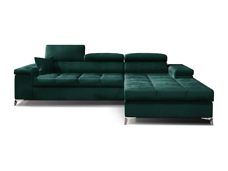 Canapé d'angle convertible velours appuis-tête réglables RIKARO - Coffre et pieds acier chromé-Vert foncé-angle droit