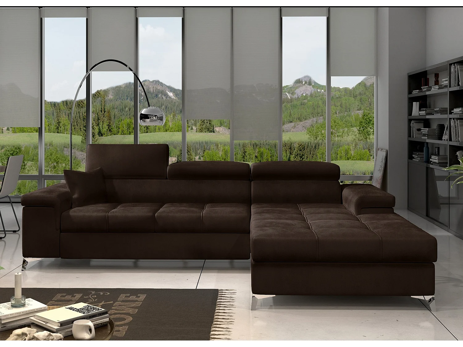 Canapé angle droit convertible velours marron avec appuis-tête réglables Rikaro 280cm