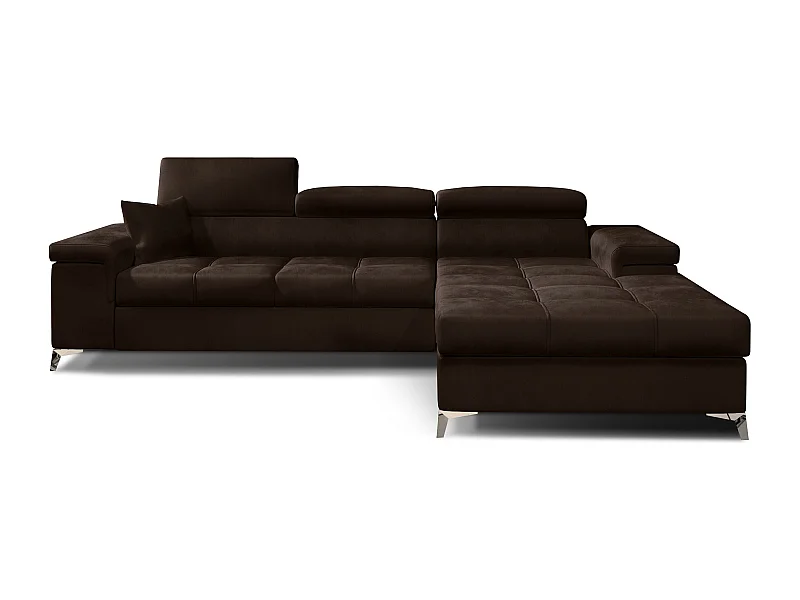 Canapé d'angle convertible velours appuis-tête réglables RIKARO - Coffre et pieds acier chromé-Marron foncé-angle droit