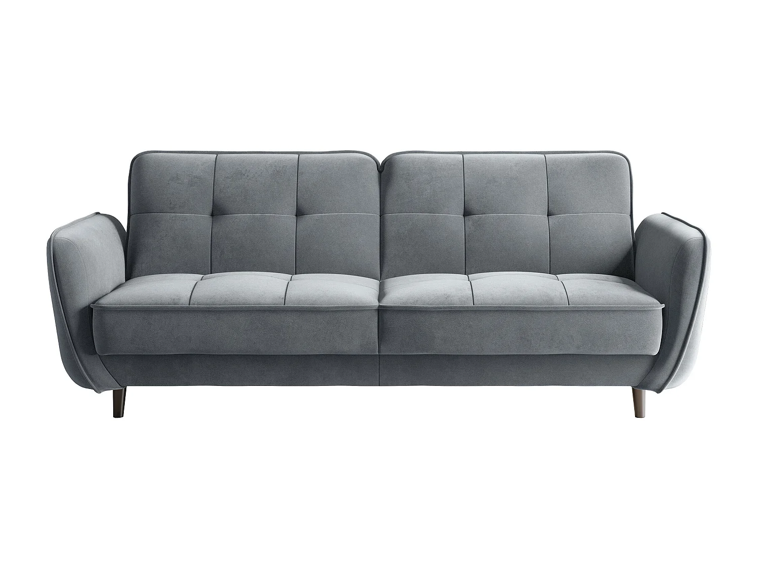 Canapé convertible 3 places velours gris souris capitonné et pieds bois noir Bizza 220cm