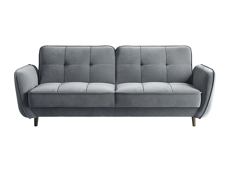Canapé convertible 3 places velours gris souris capitonné et pieds bois noir Bizza 220cm