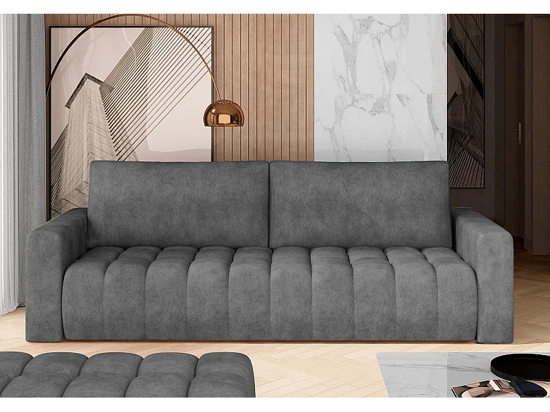 Canapé convertible 3 places tissu gris avec coffre de rangement Larko 245cm