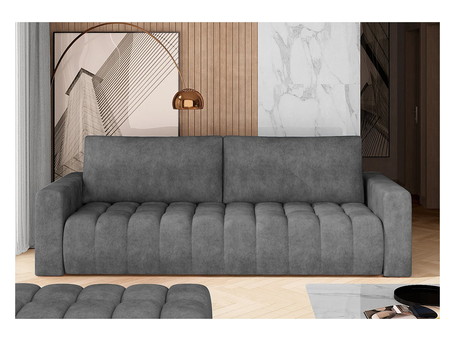 Canapé convertible 3 places tissu gris avec coffre de rangement Larko 245cm