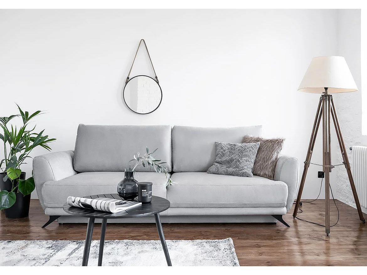 Canapé convertible 3-4 places velours gris clair et pieds métal noir Zora 250cm