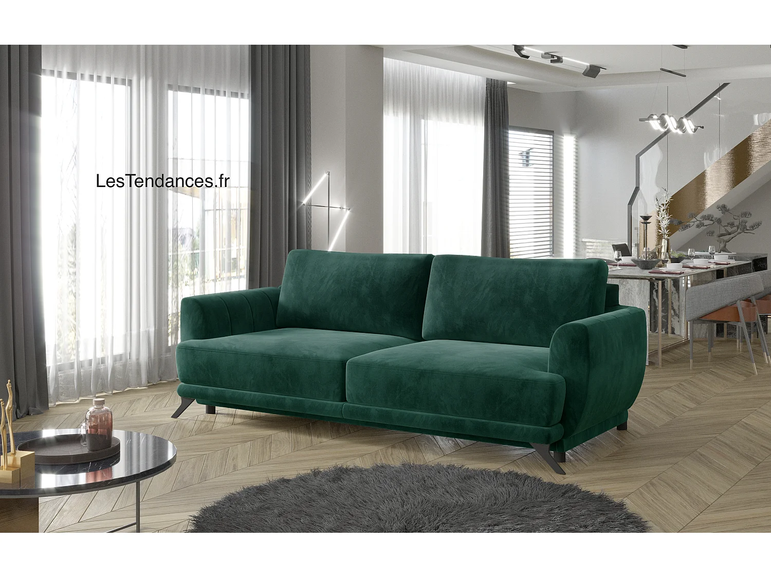 Canapé convertible 3-4 places velours gris clair et pieds métal noir Zora 250cm