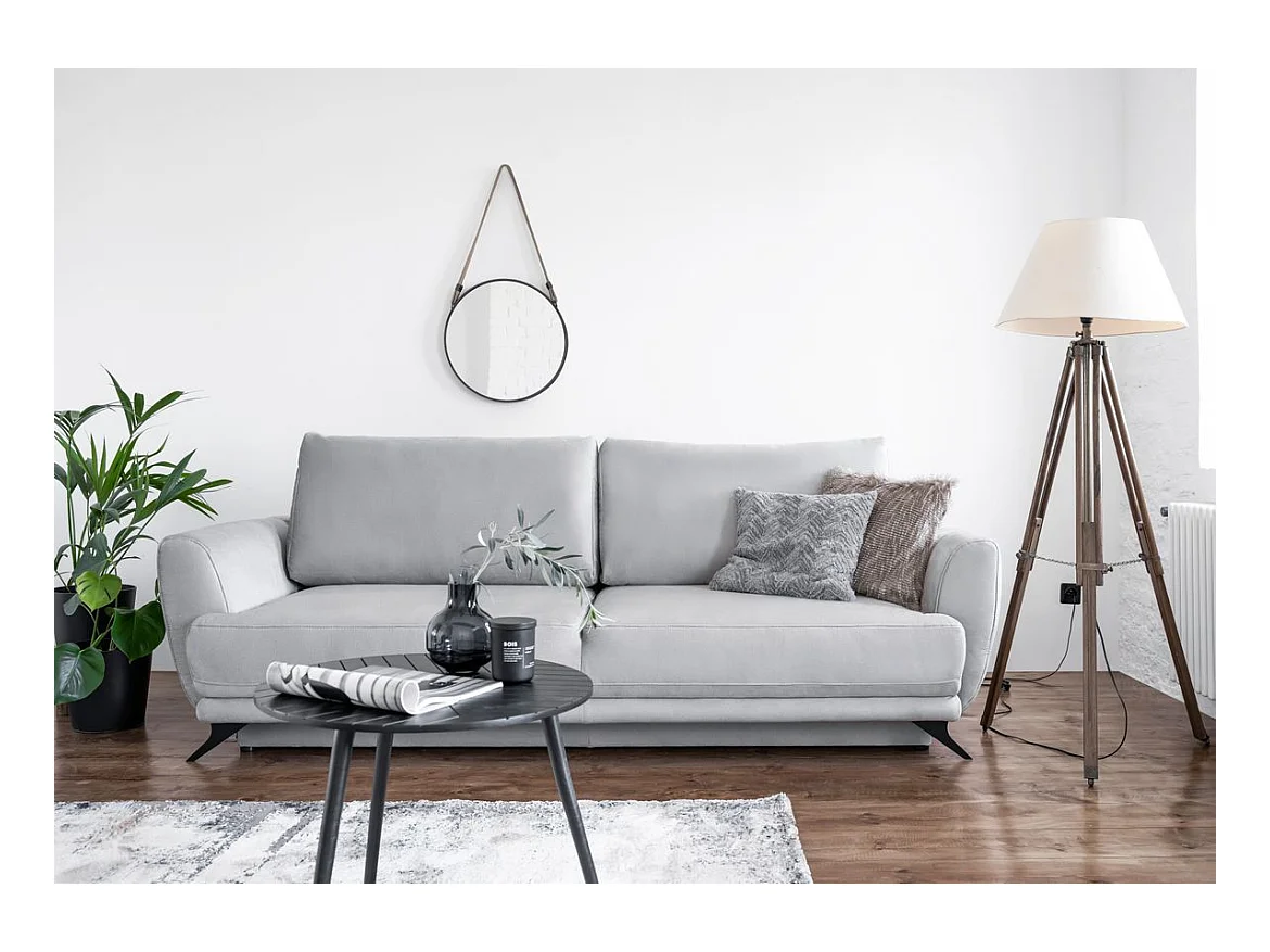 Canapé convertible 3-4 places velours gris clair et pieds métal noir Zora 250cm