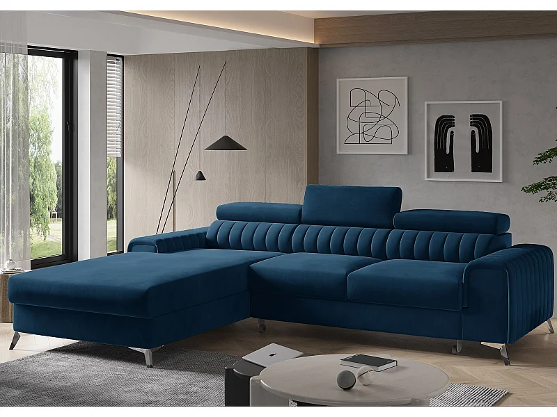 Canapé convertible angle gauche velours bleu foncé Grenky 276cm