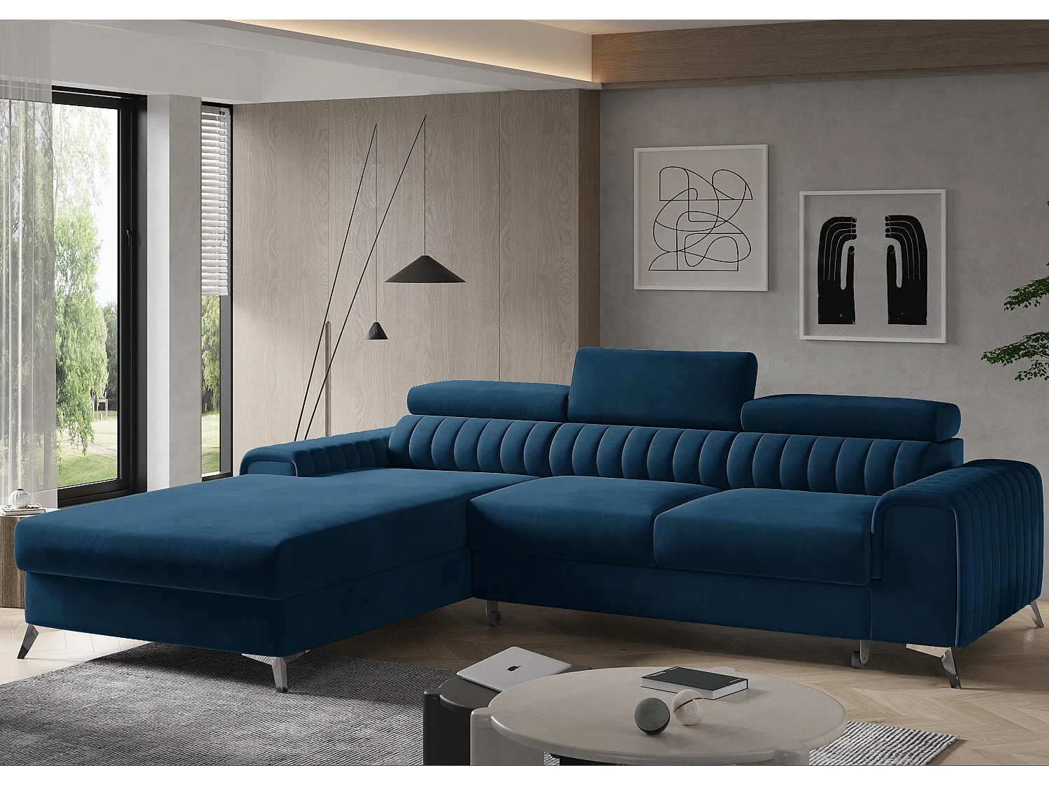 Canapé convertible angle gauche velours bleu foncé Grenky 276cm