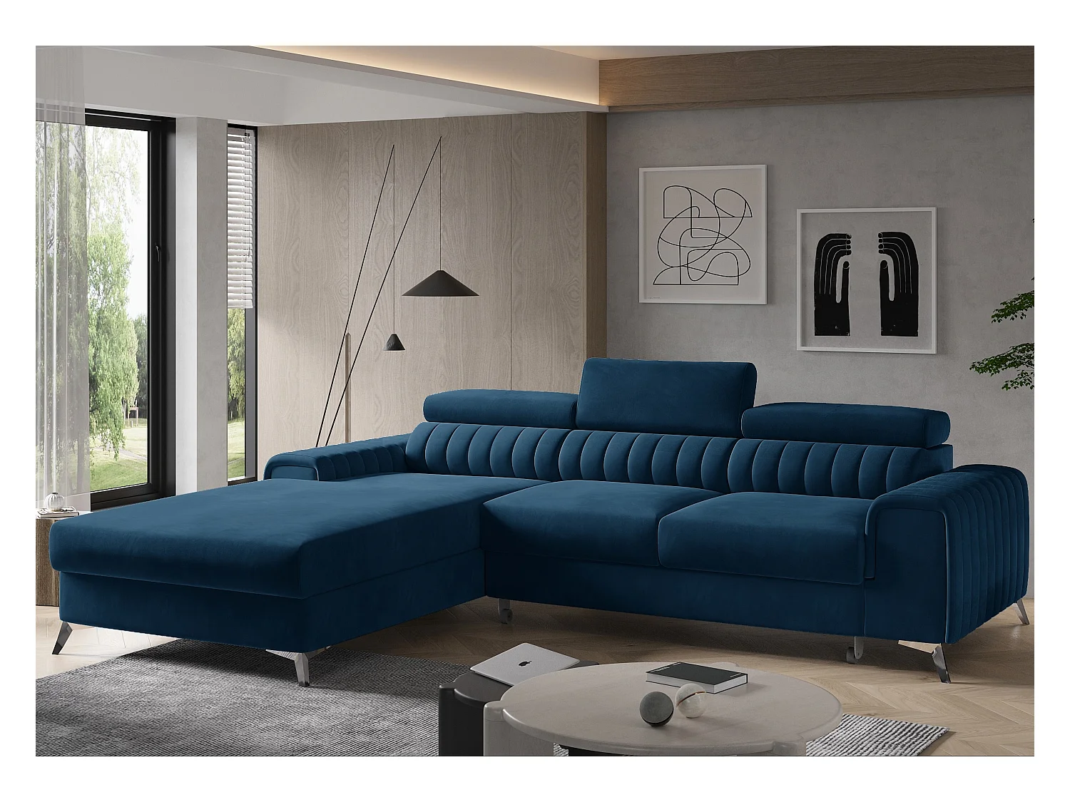 Canapé convertible angle gauche velours bleu foncé Grenky 276cm
