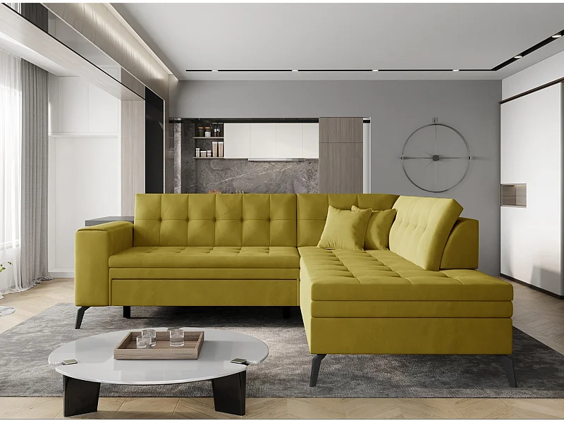 Canapé convertible capitonné angle droit tissu doux brillant jaune citron Larry 260cm