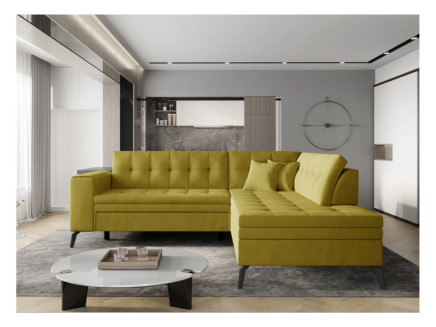 Canapé convertible capitonné angle droit tissu doux brillant jaune citron Larry 260cm