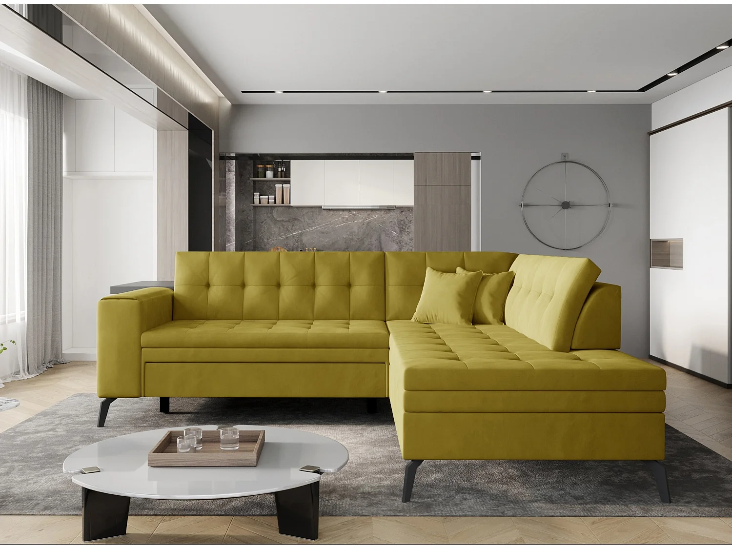 Canapé convertible capitonné angle droit tissu doux brillant jaune citron Larry 260cm