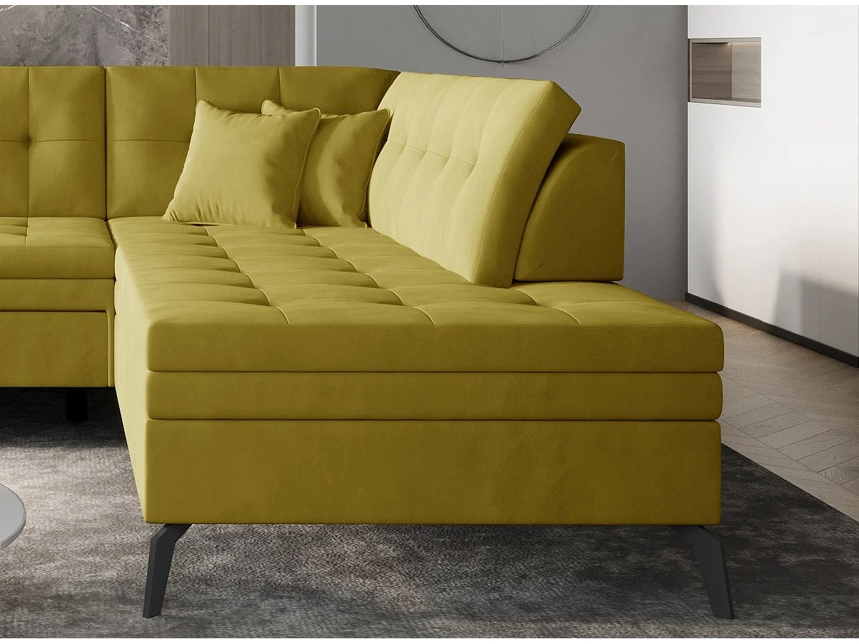 Canapé convertible capitonné angle droit tissu doux brillant jaune citron Larry 260cm