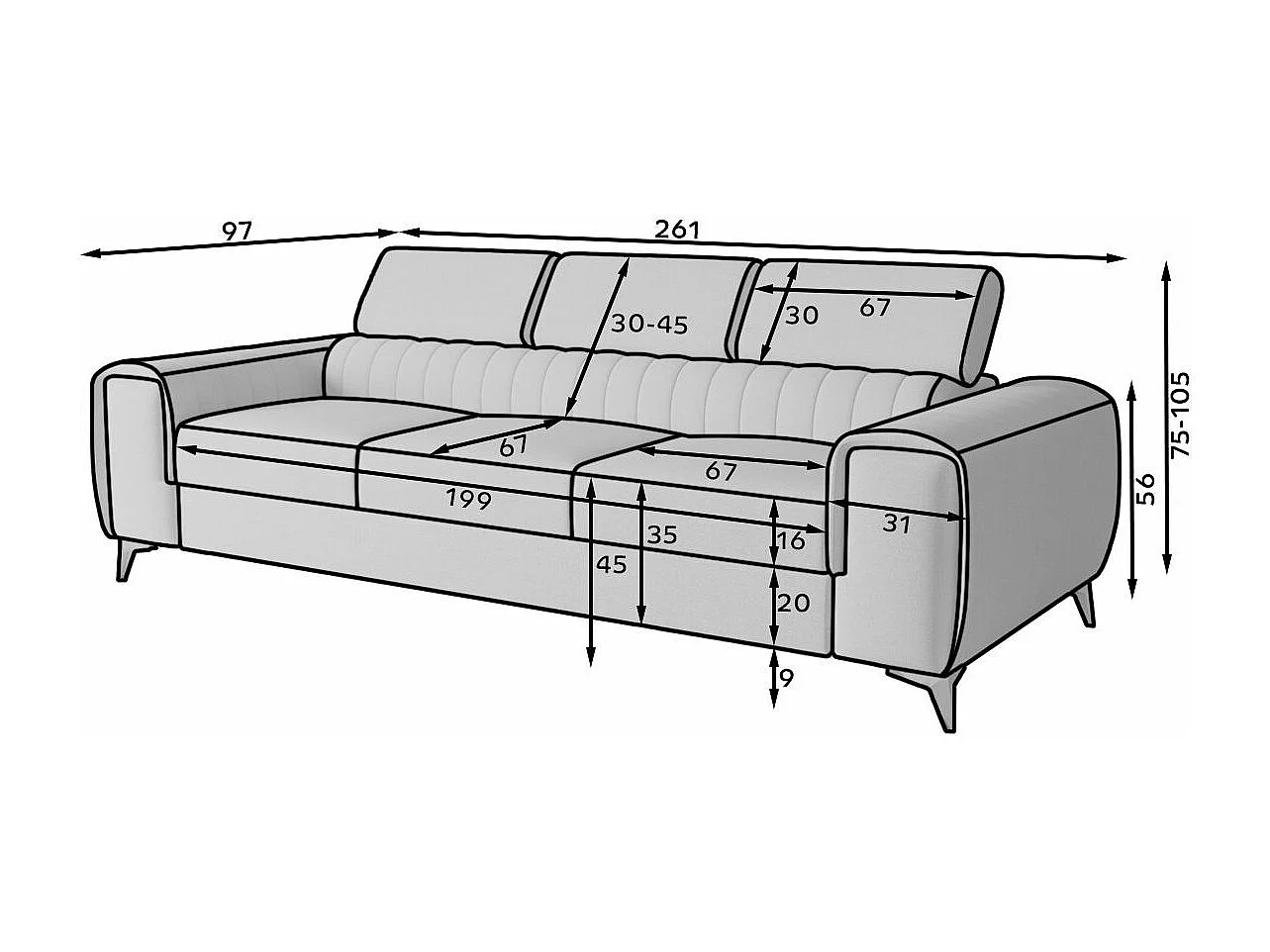Canapé convertible avec appuis-tête réglables velours bleu marine Lozan 261cm
