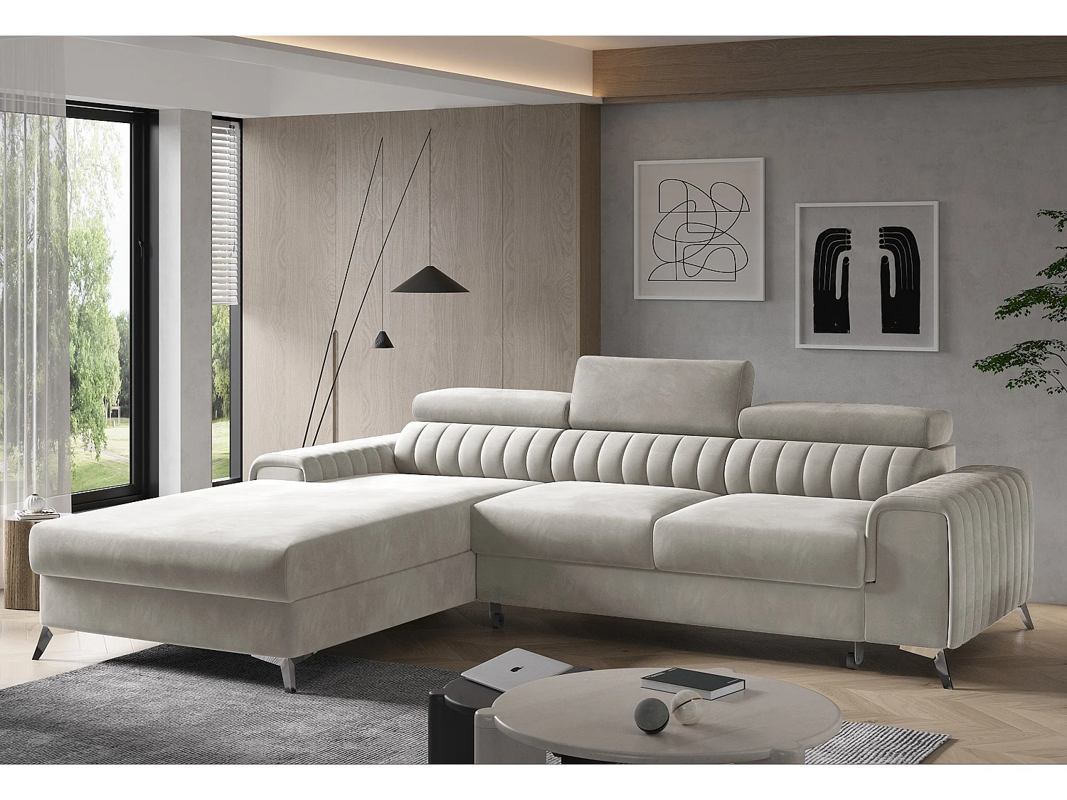 Grenky lichtbeige fluwelen hoekbank links 276 cm