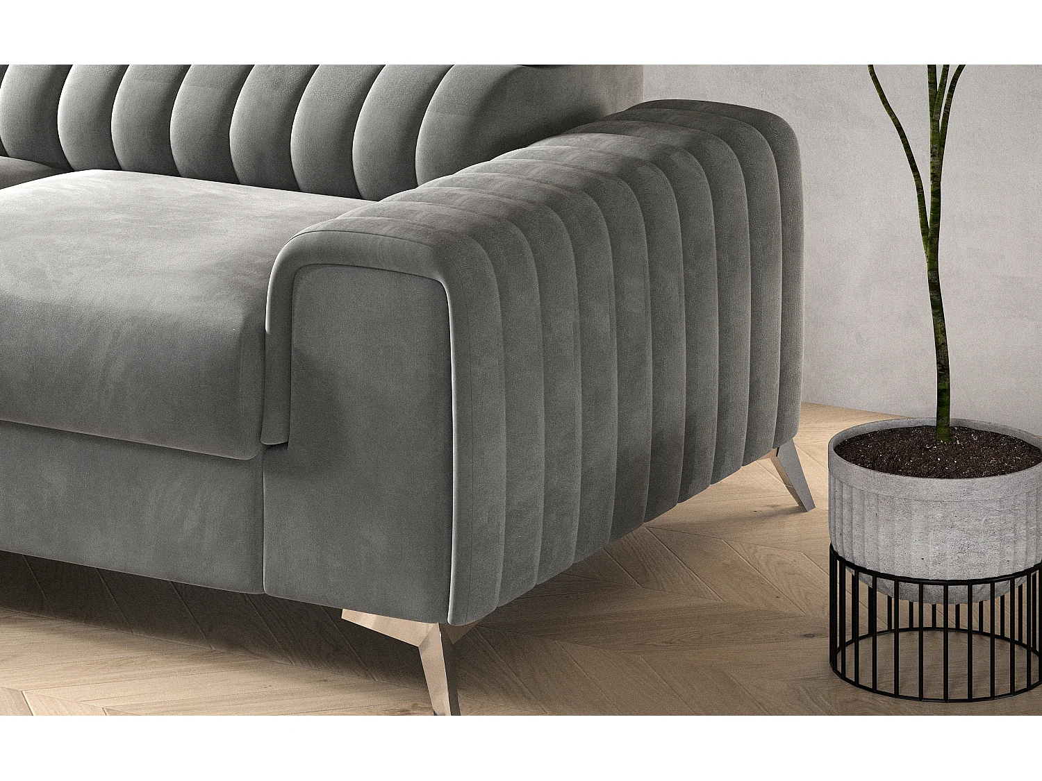 Grenky lichtbeige fluwelen hoekbank links 276 cm