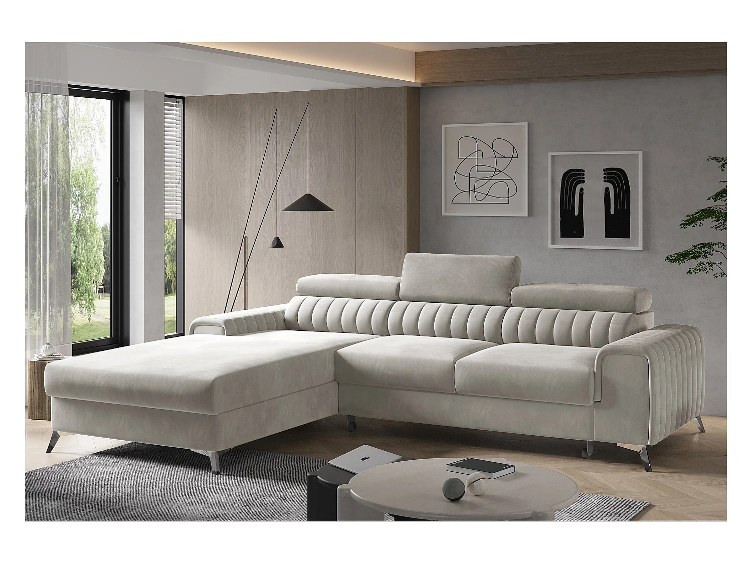 Canapé convertible angle gauche velours beige clair Grenky 276cm
