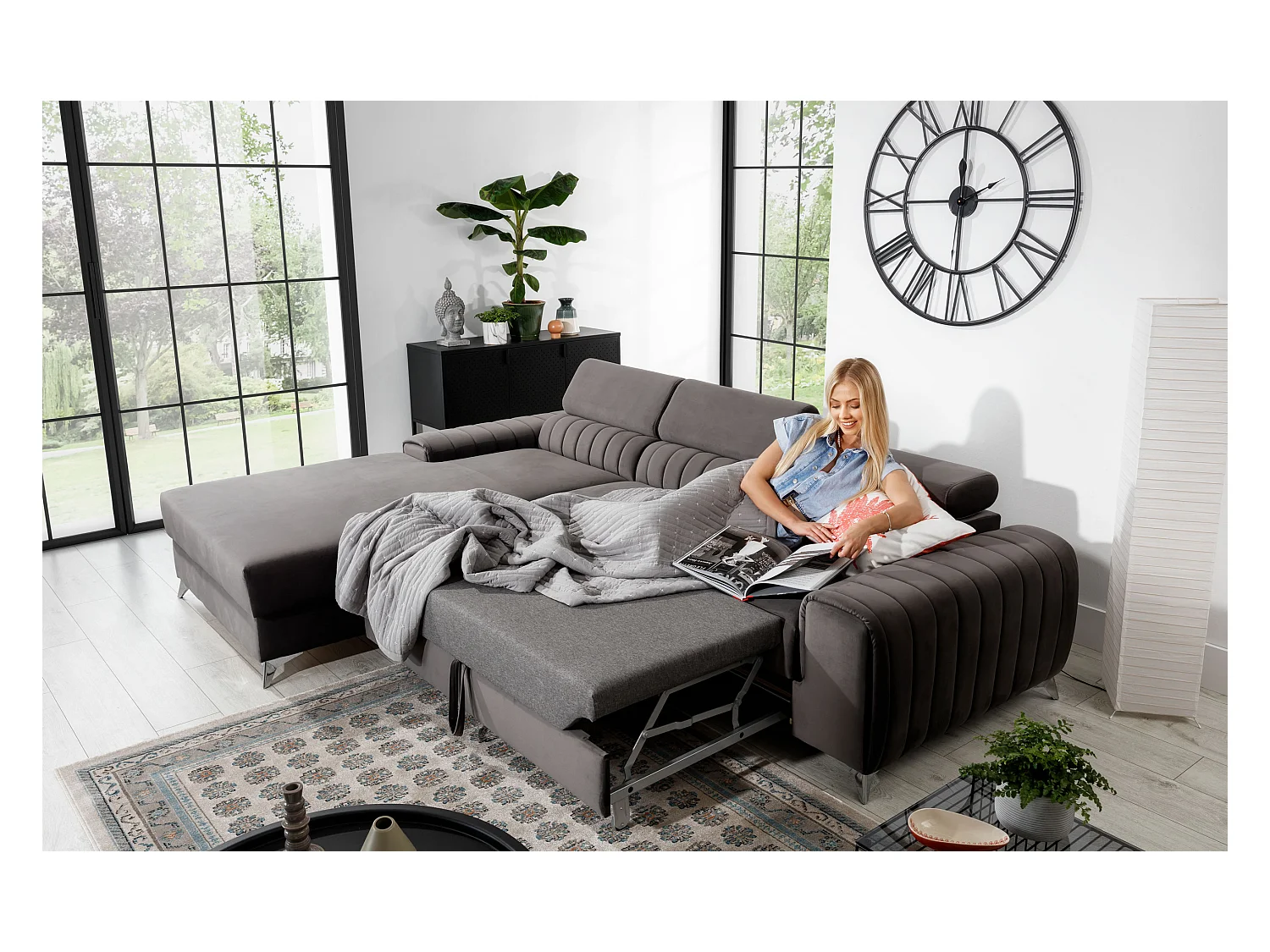 Canapé convertible angle gauche velours beige clair Grenky 276cm