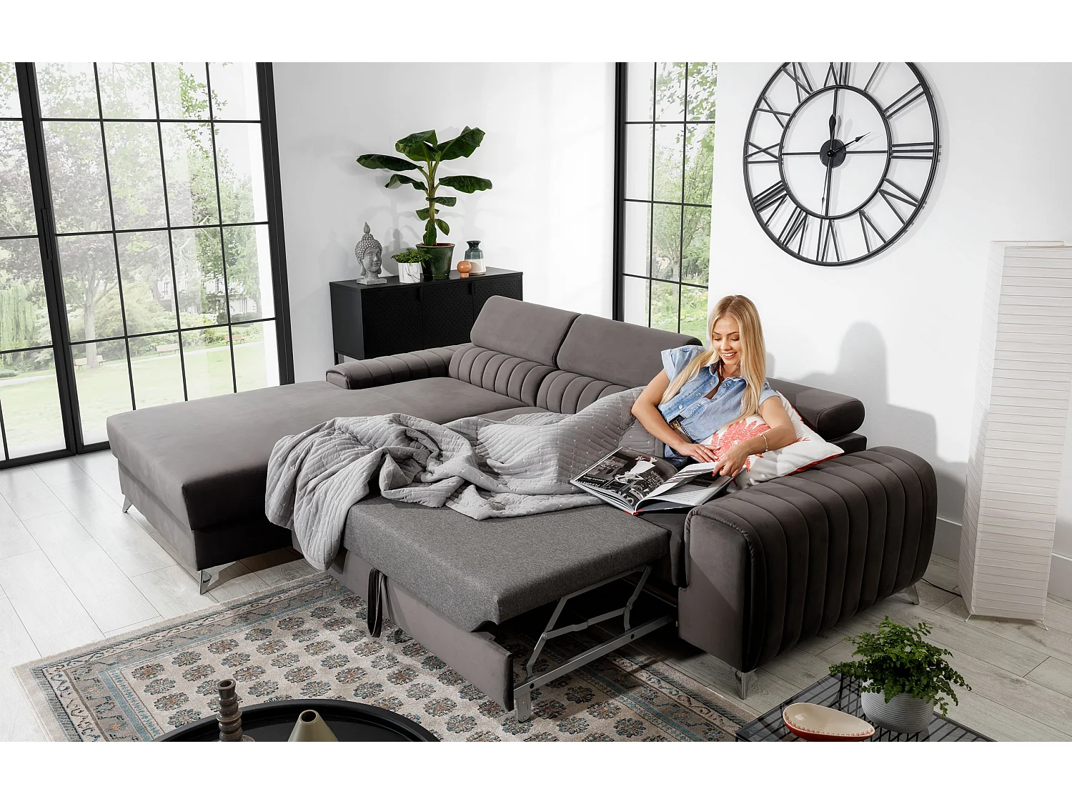 Canapé convertible angle gauche velours beige clair Grenky 276cm